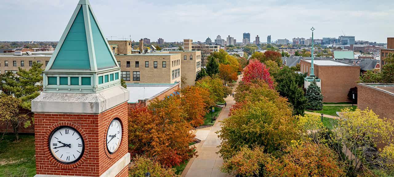 An aerial view of campus looking up West Pine Mall from the top of the clock tower.